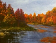 acrylic painting of blue sky and river with autumn colors trees